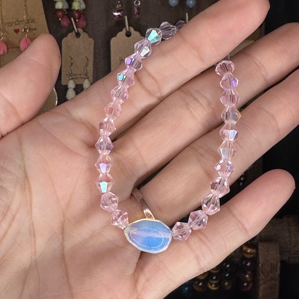 Swarovski Pink Iridescent Bicone Crystal Stretch 7" Bracelet Opalite Focal Stone